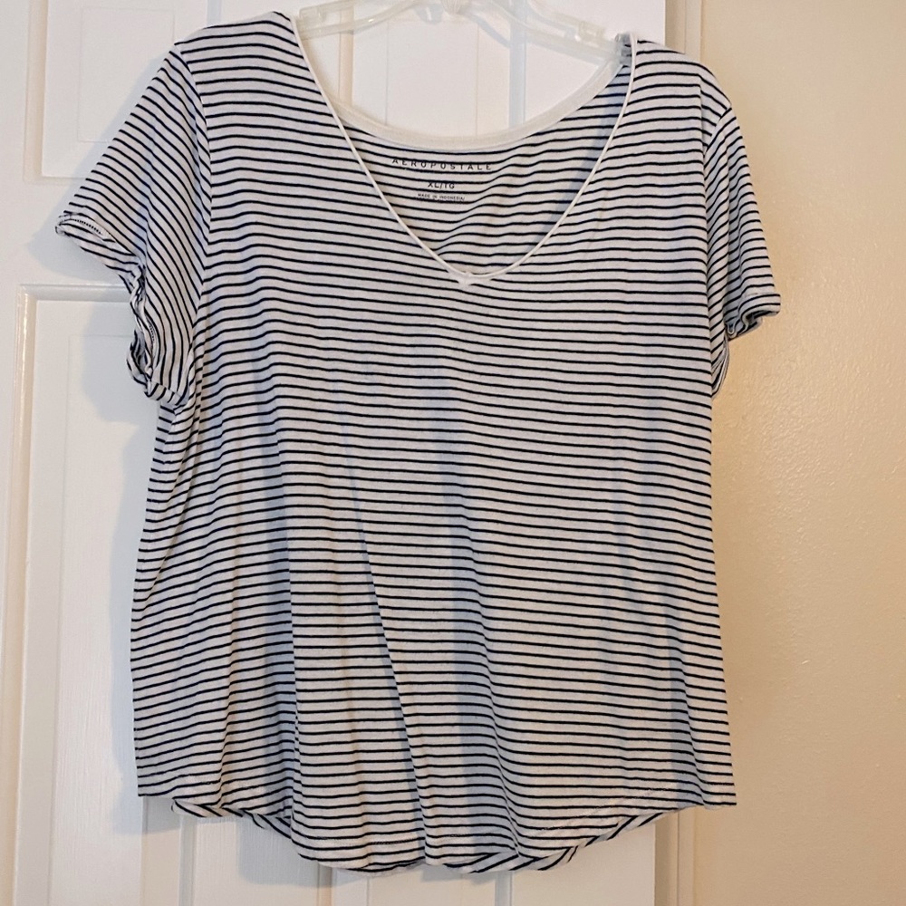 Black and white striped v-neck shirt